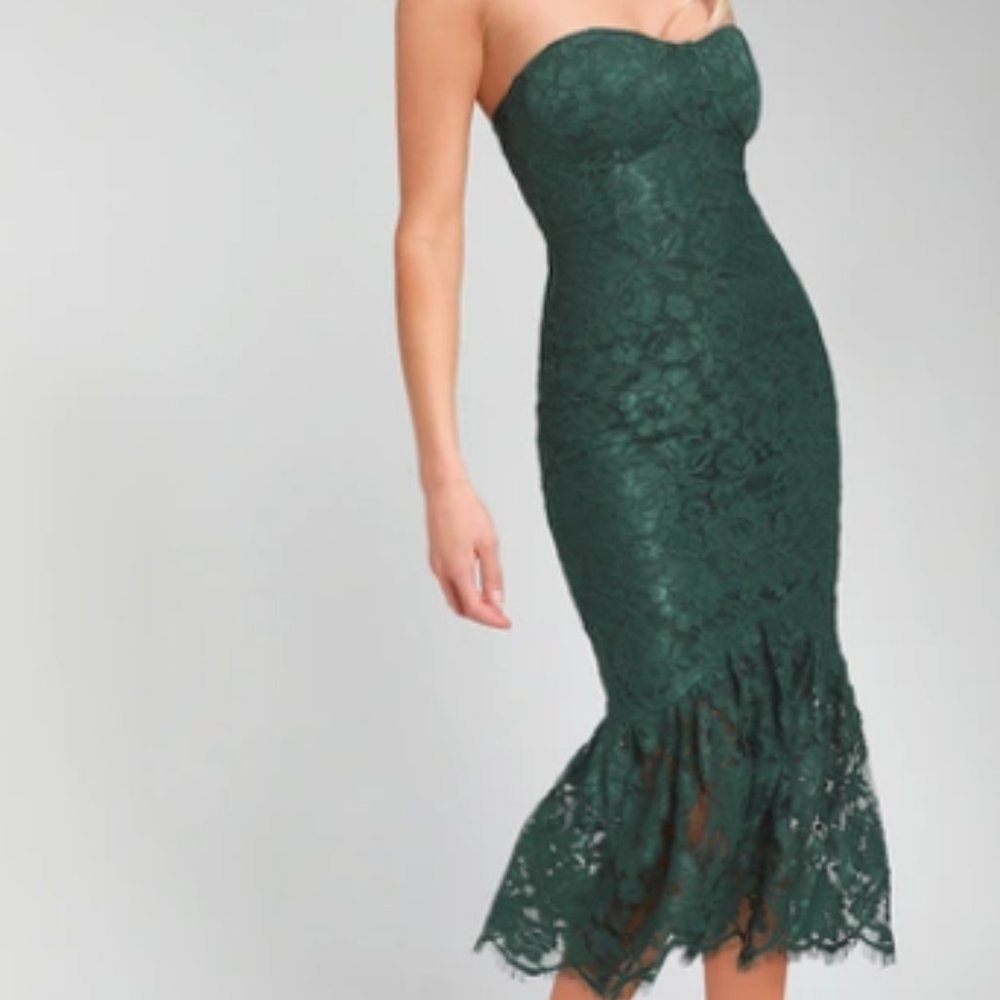 Divine Nights Forest Green Lace Strapless Midi Dress